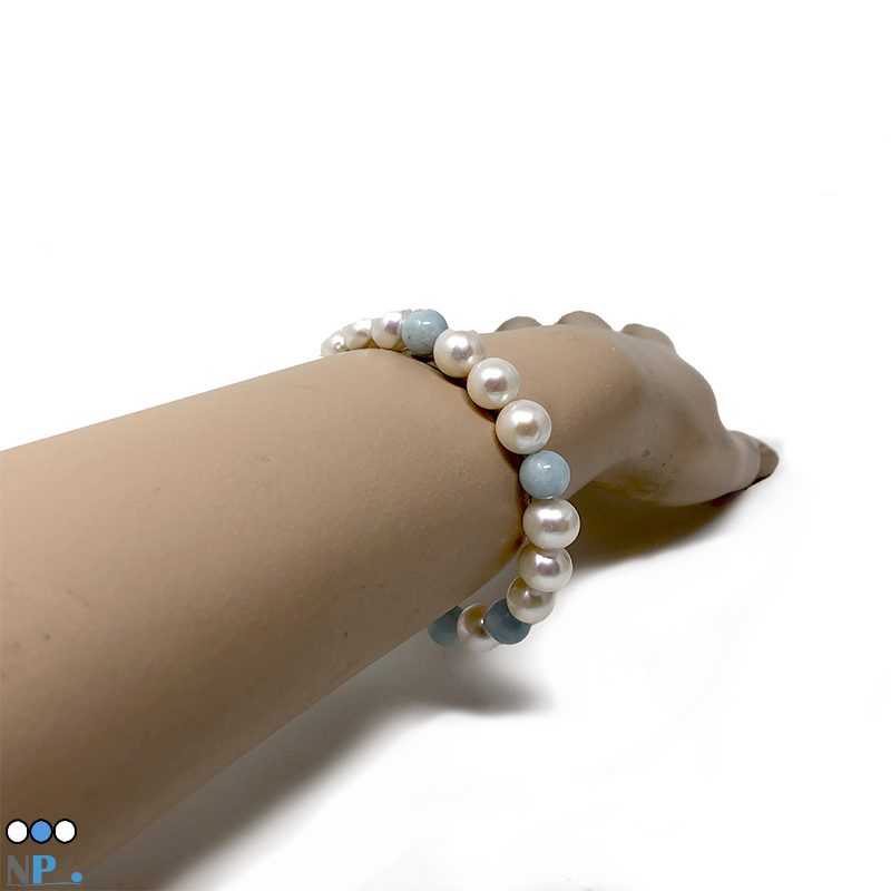 Bracelet de perles de culture blanche et aigue martine pierres semi-precieuses Aigue Marine 